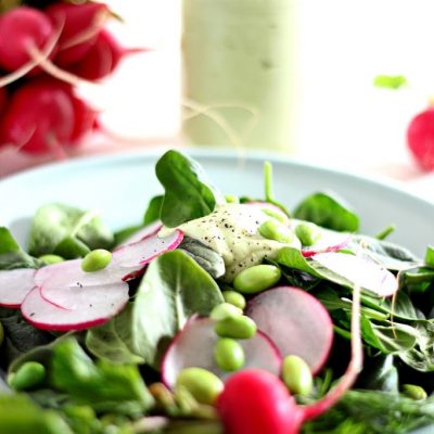 Radish edaname spinach with creamy avocado dill dressing or dip