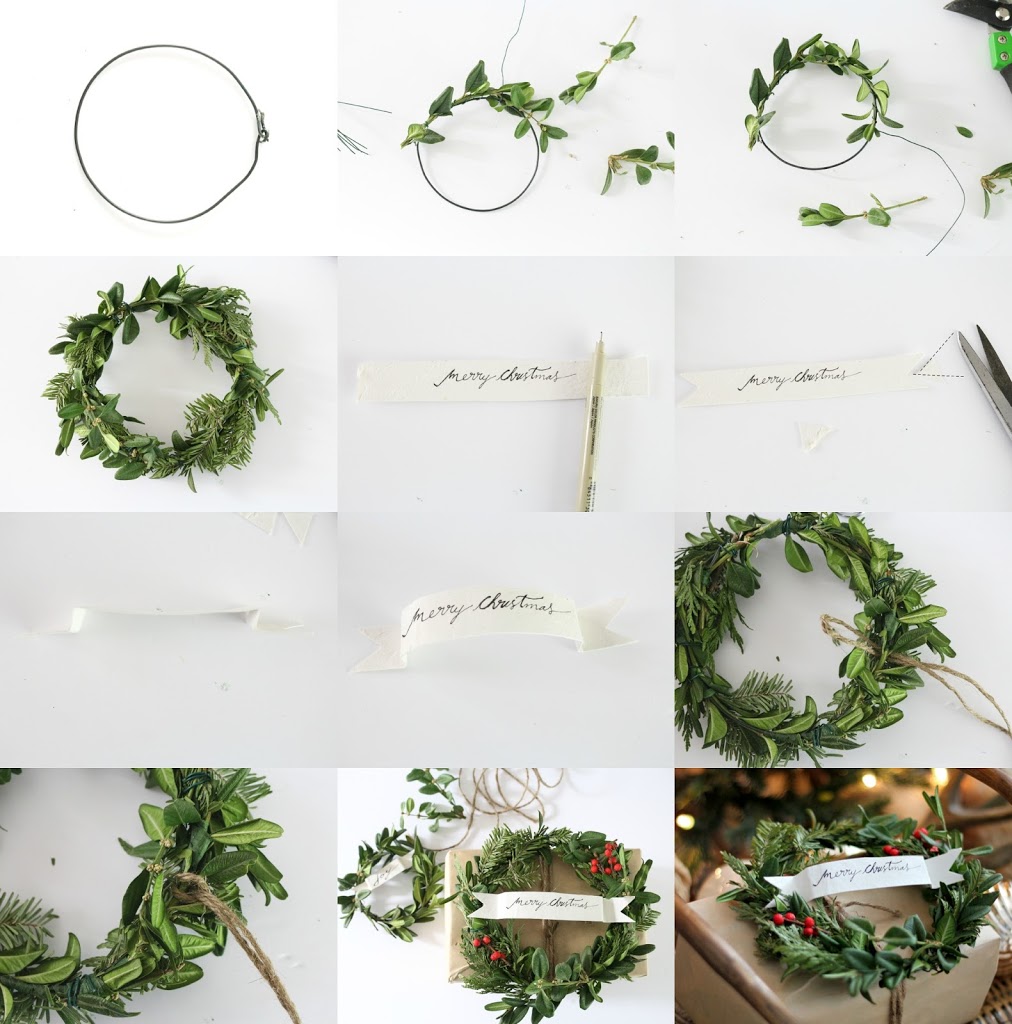 Craft paper and boxwood wreath gift wrap