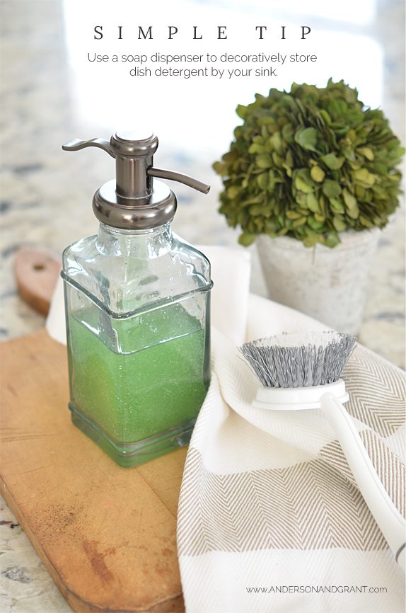 Simple Tip Use soap dispenser to decoratively store dish detergent