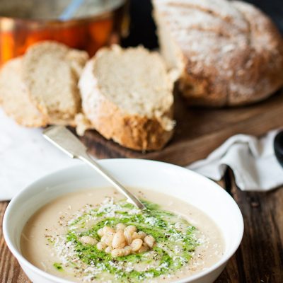 Haricot bean soup with parmesan and pesto