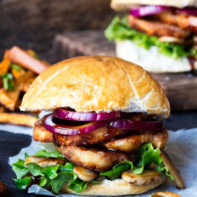 Halloumi burger with sticky chili drizzle