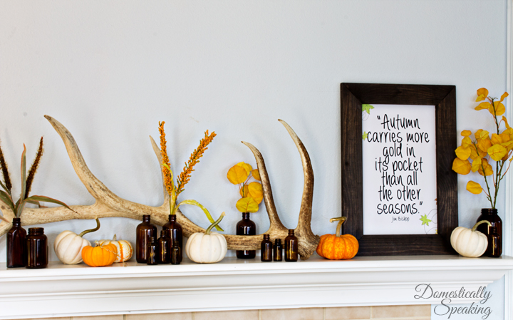 Rustic-Autumn-Mantel-with-antlers-brown-bottles-and-a-cute-free-printable-2