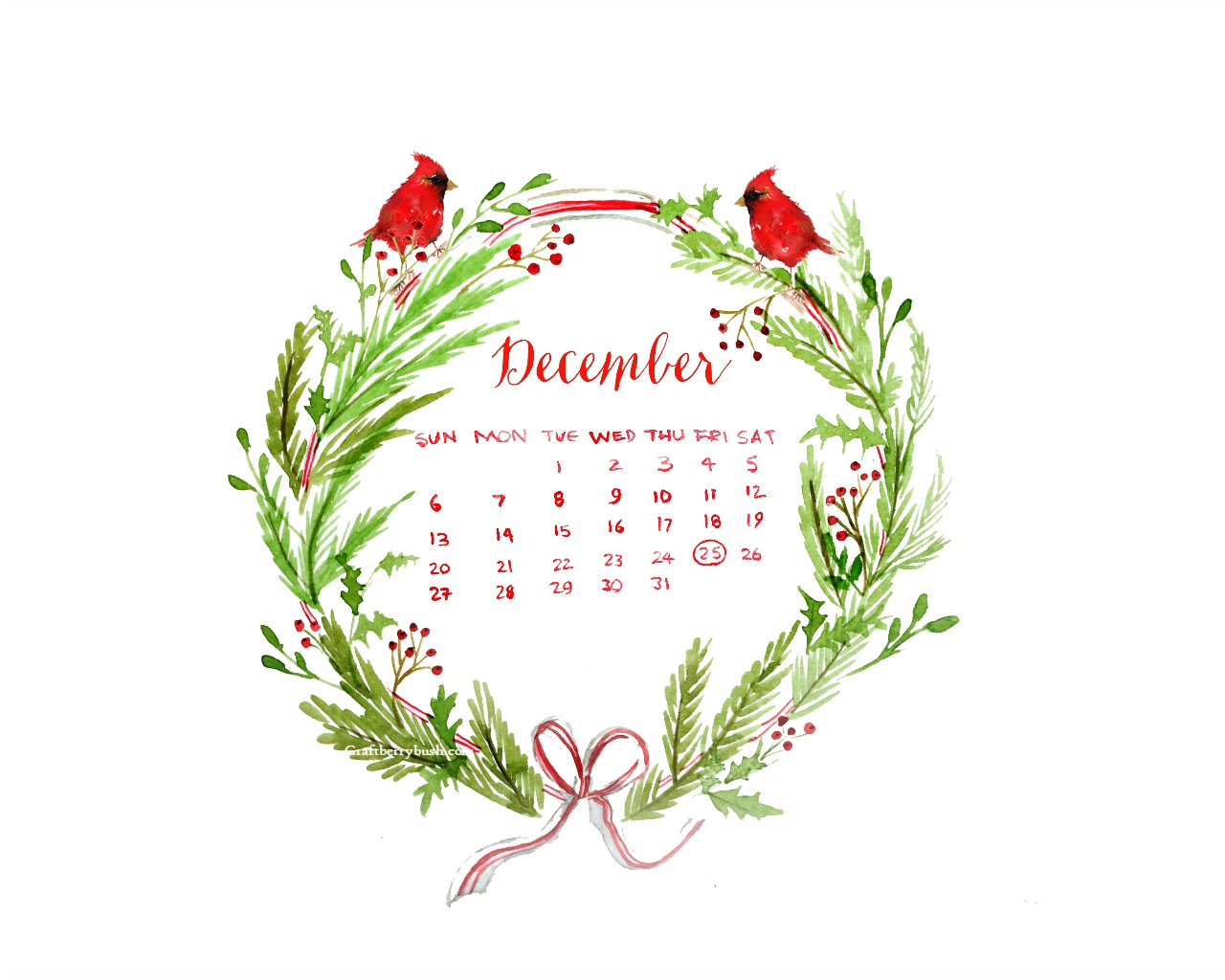 Free December Watercolor Calendar