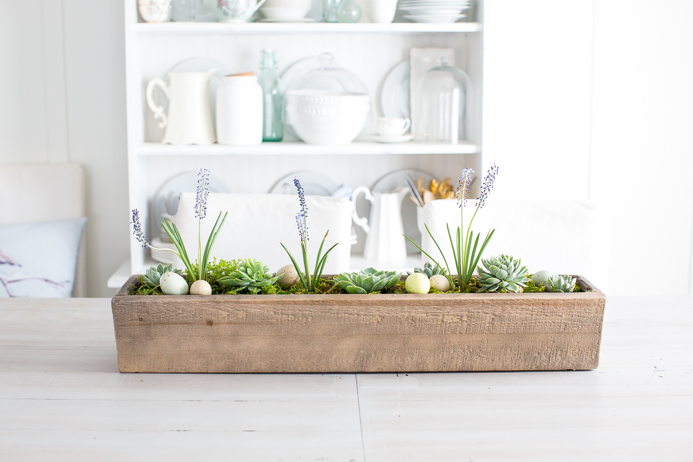 Magnolia Market wooden trough succulent centerpiece 