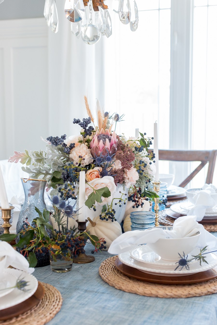 Blue and mauve fall tablescape