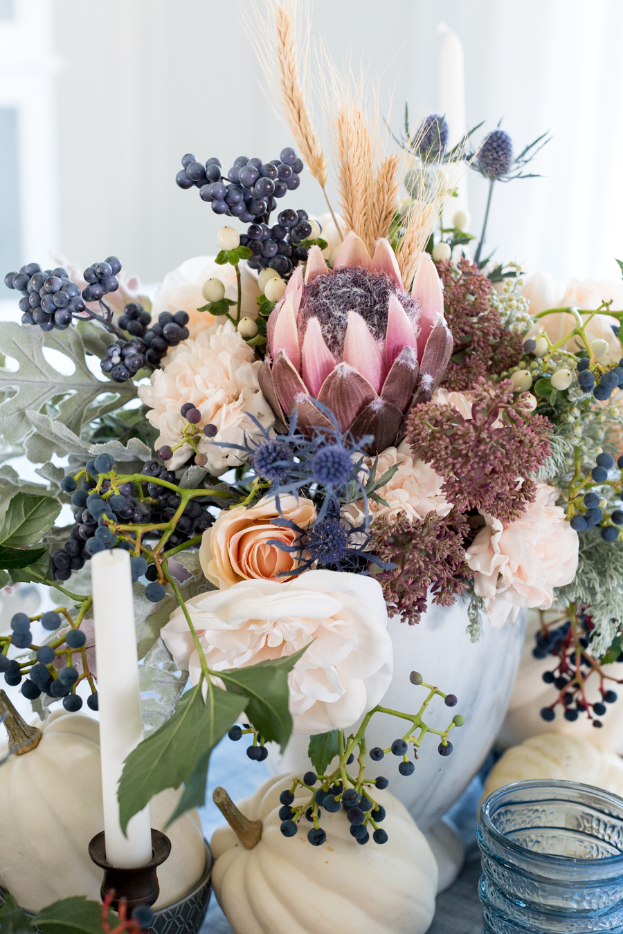 Blue and mauve fall tablescape