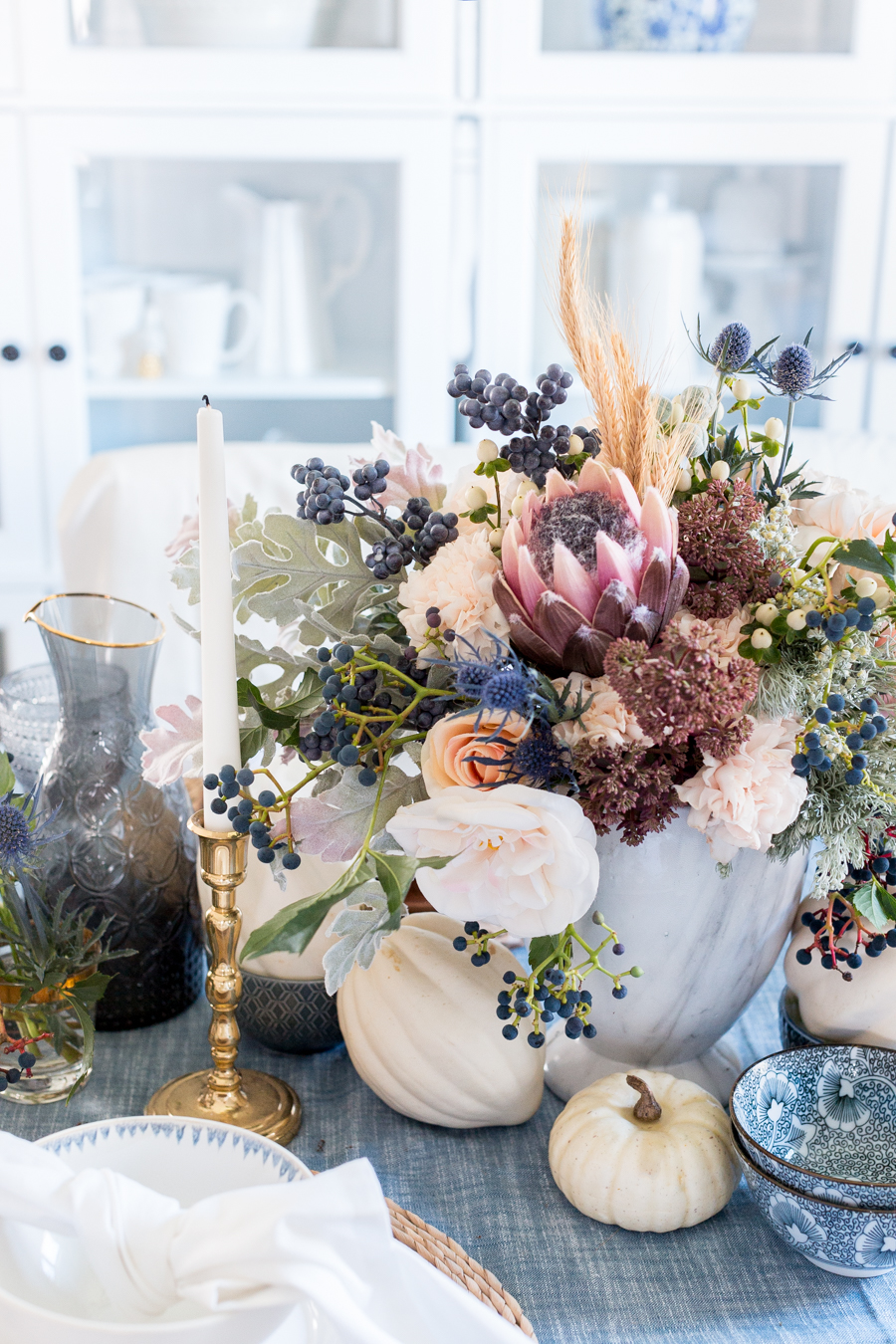 Blue and mauve fall tablescape