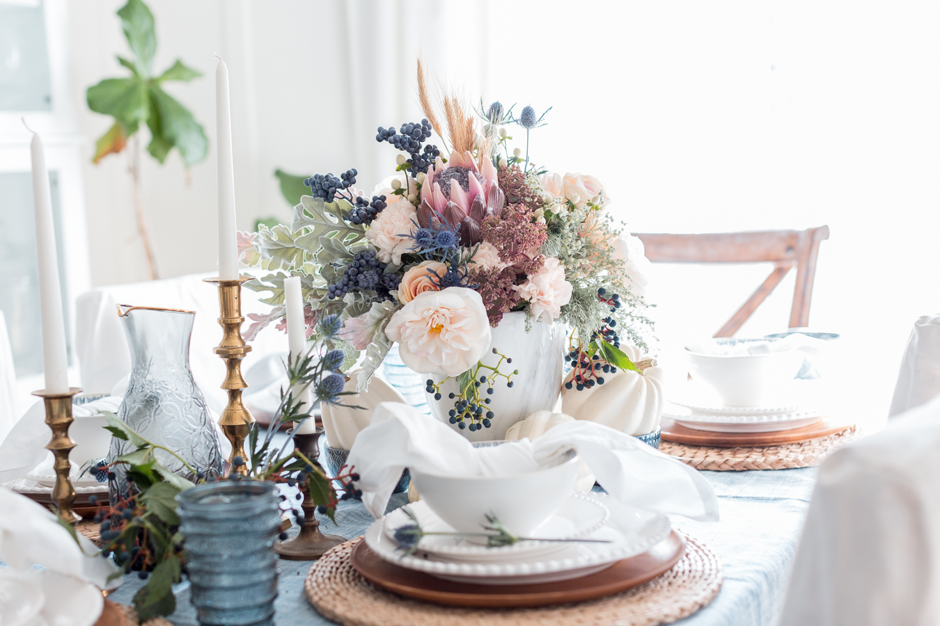 Blue and mauve fall tablescape