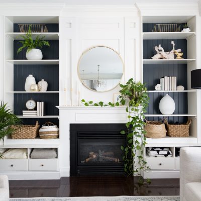 Blue painted shelves in the family room