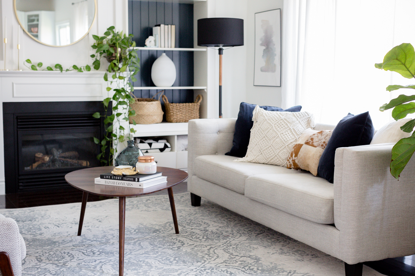 Blue painted shelves in the family room