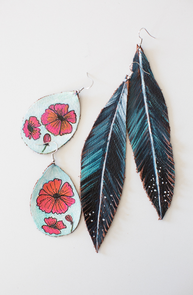 Hand painted recycled leather earrings