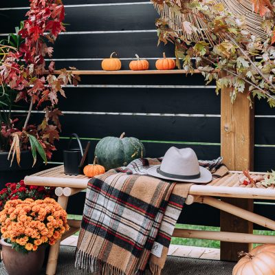 Backyard Seating Area Decorated for Fall