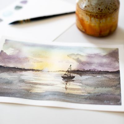 How to paint a sunset over water with watercolor