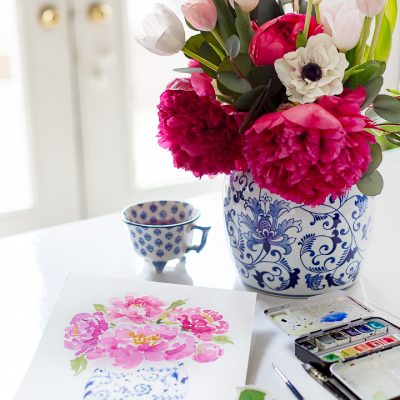 Watercolor Peonies in Ginger Jar Tutorial and Free Printable