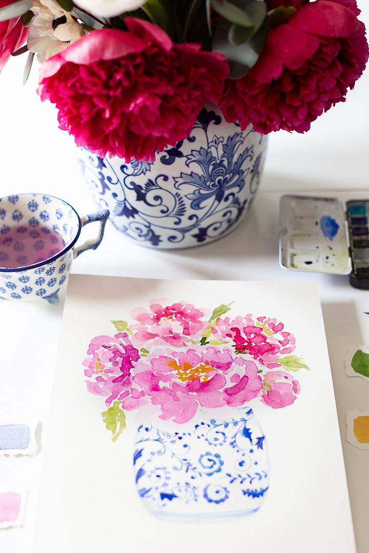 Peonies with Ginger Jars Personalized Watercolor Crest — Simply
