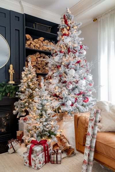 White and Burgundy Flocked Christmas Tree