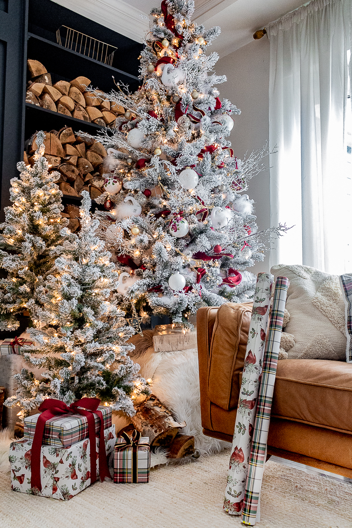 white and burgundy flocked christmas tree