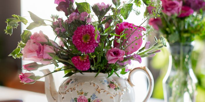 Romantic Flower Arrangement in Antique Teapot